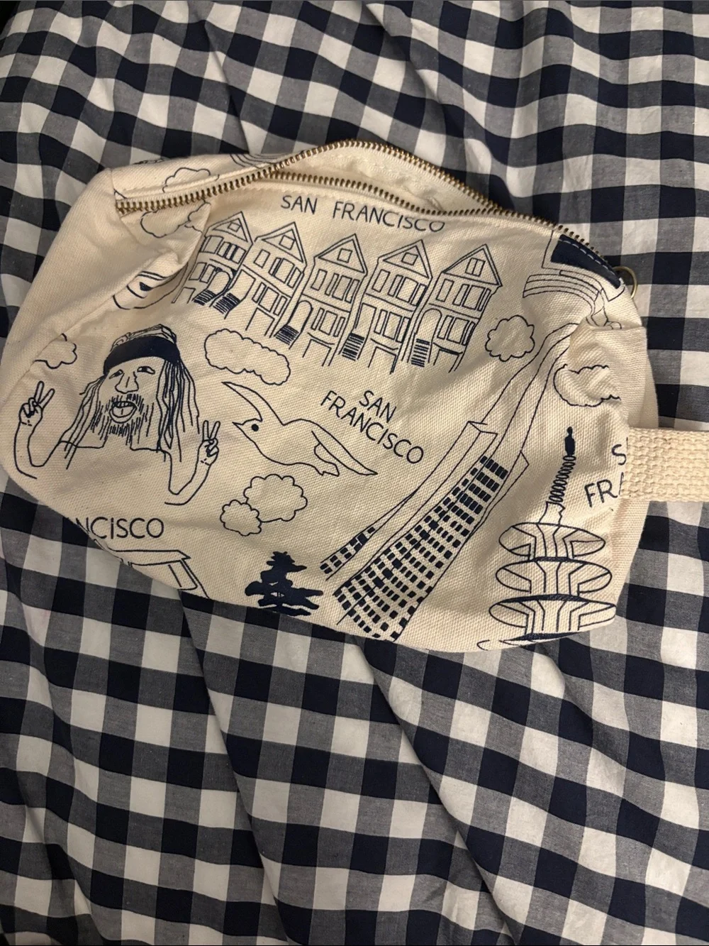 San Francisco Illustrated Canvas Zip Pouch - Cream & Navy - large size